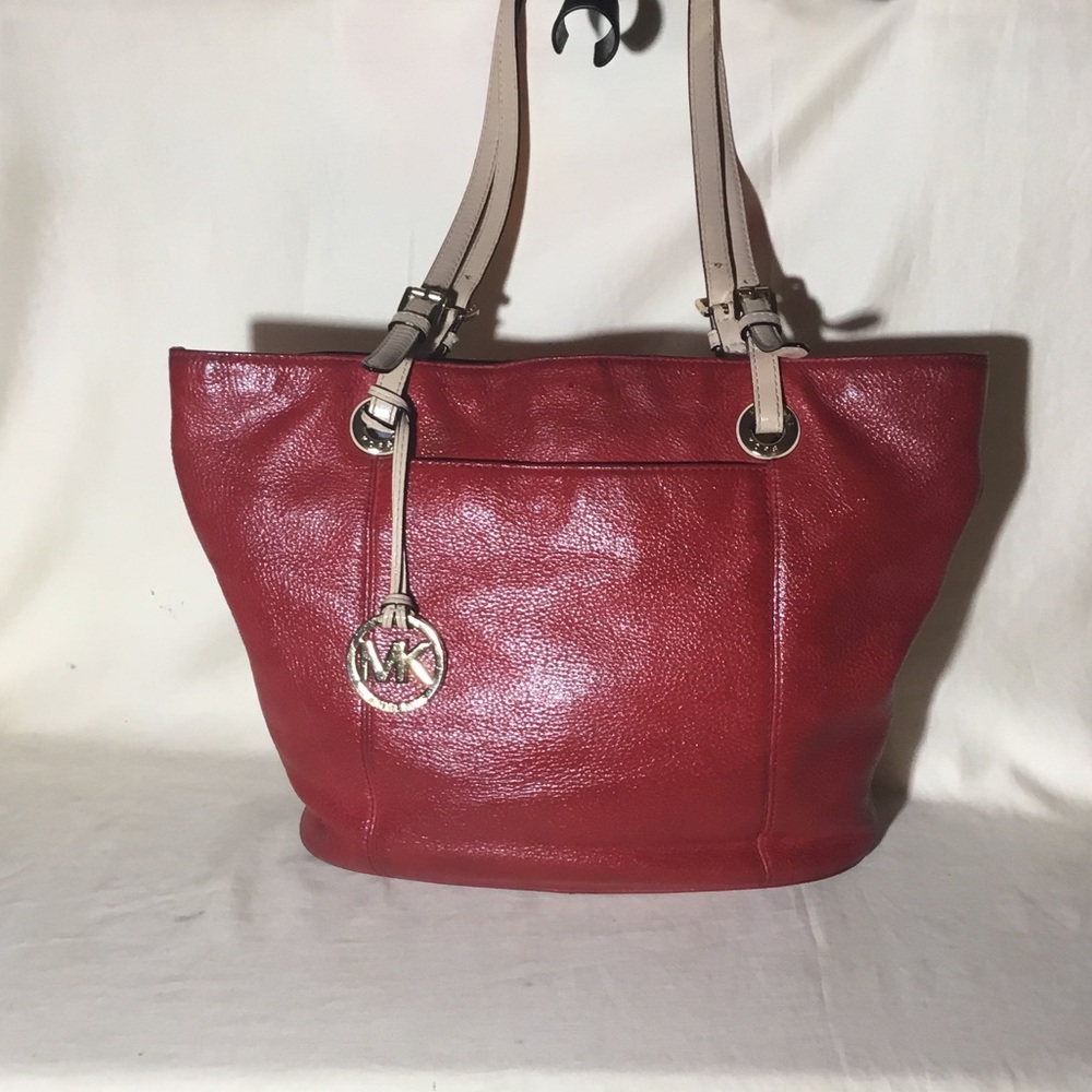 Michael Kors Red Leather Tote with Beige Straps and MK Charm